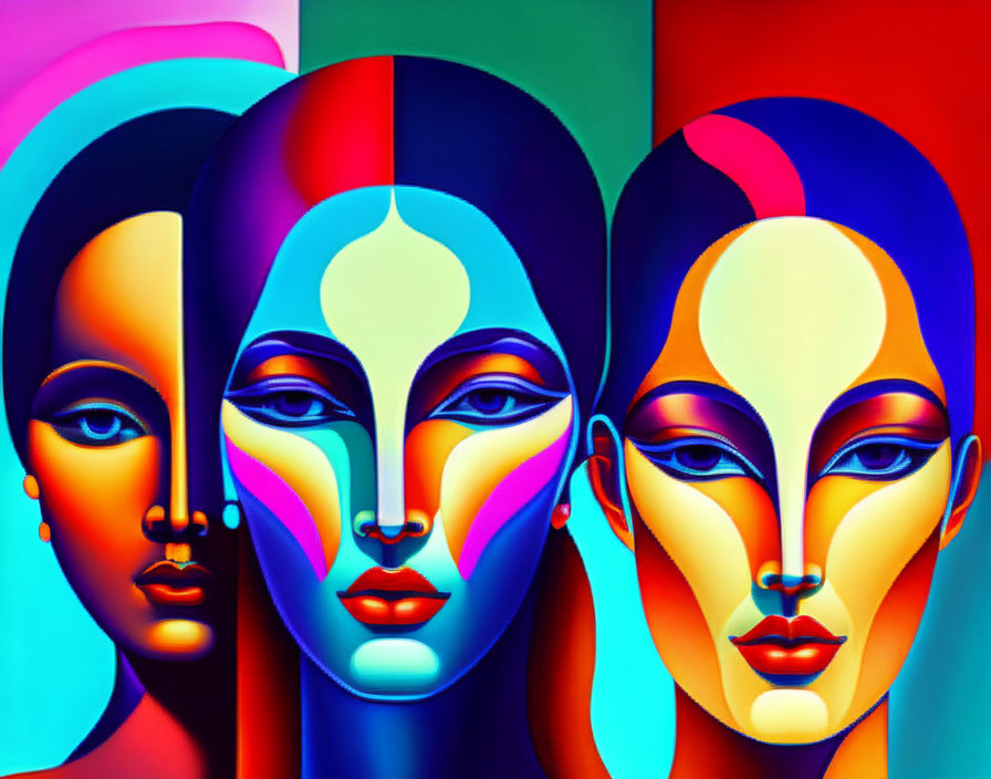 Vibrant artwork featuring three stylized female faces with bold makeup on colorful background