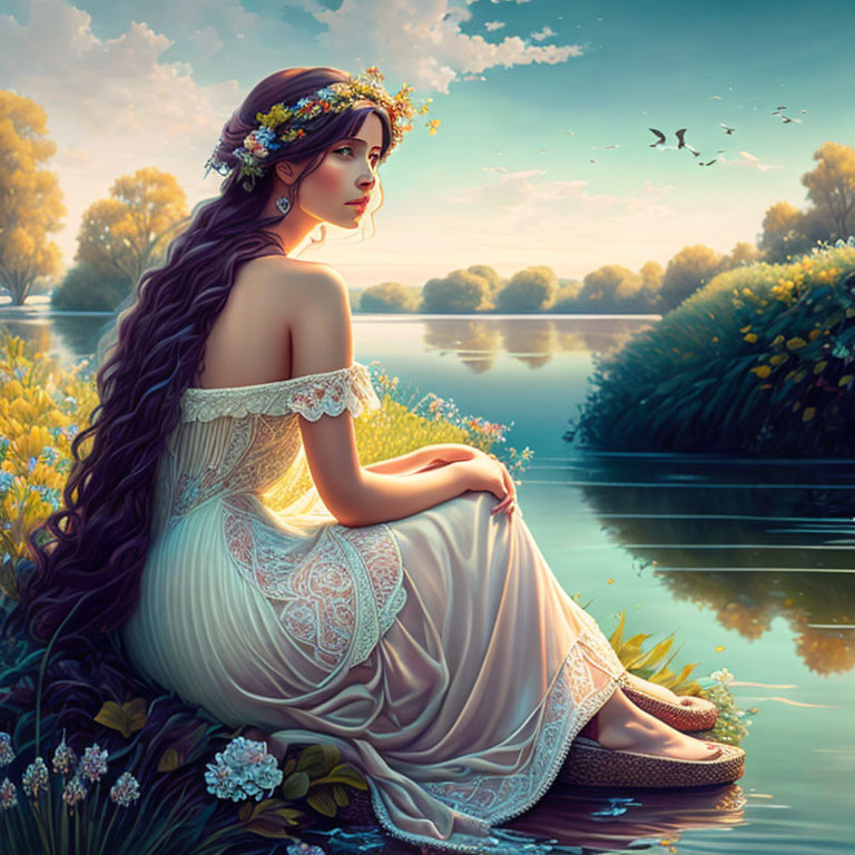 Woman with floral crown by serene river at sunset