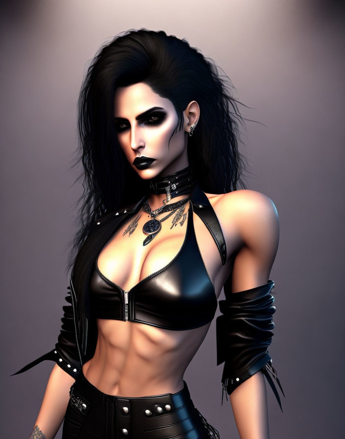 Dark Gothic Woman with Black Hair and Tattoos in Leather Outfit