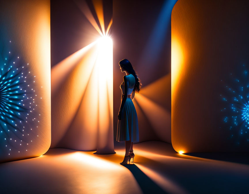 Silhouette of person between illuminated walls in dimly lit room