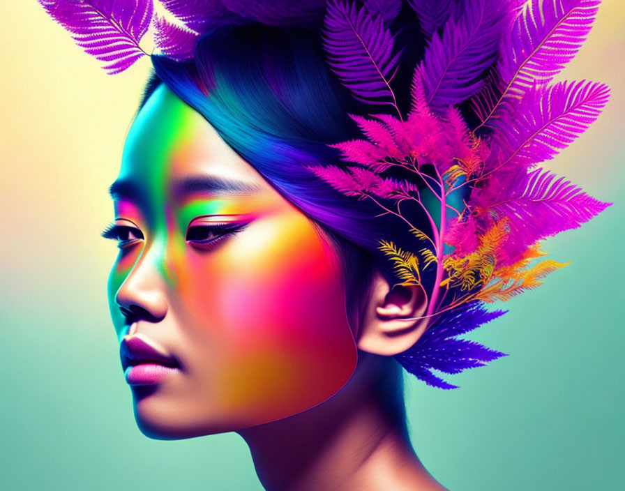 Colorful portrait with rainbow lighting and feathered crown