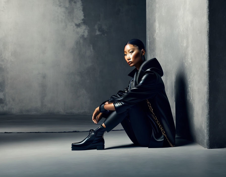 Intense woman in black outfit against gray backdrop with dramatic lighting.