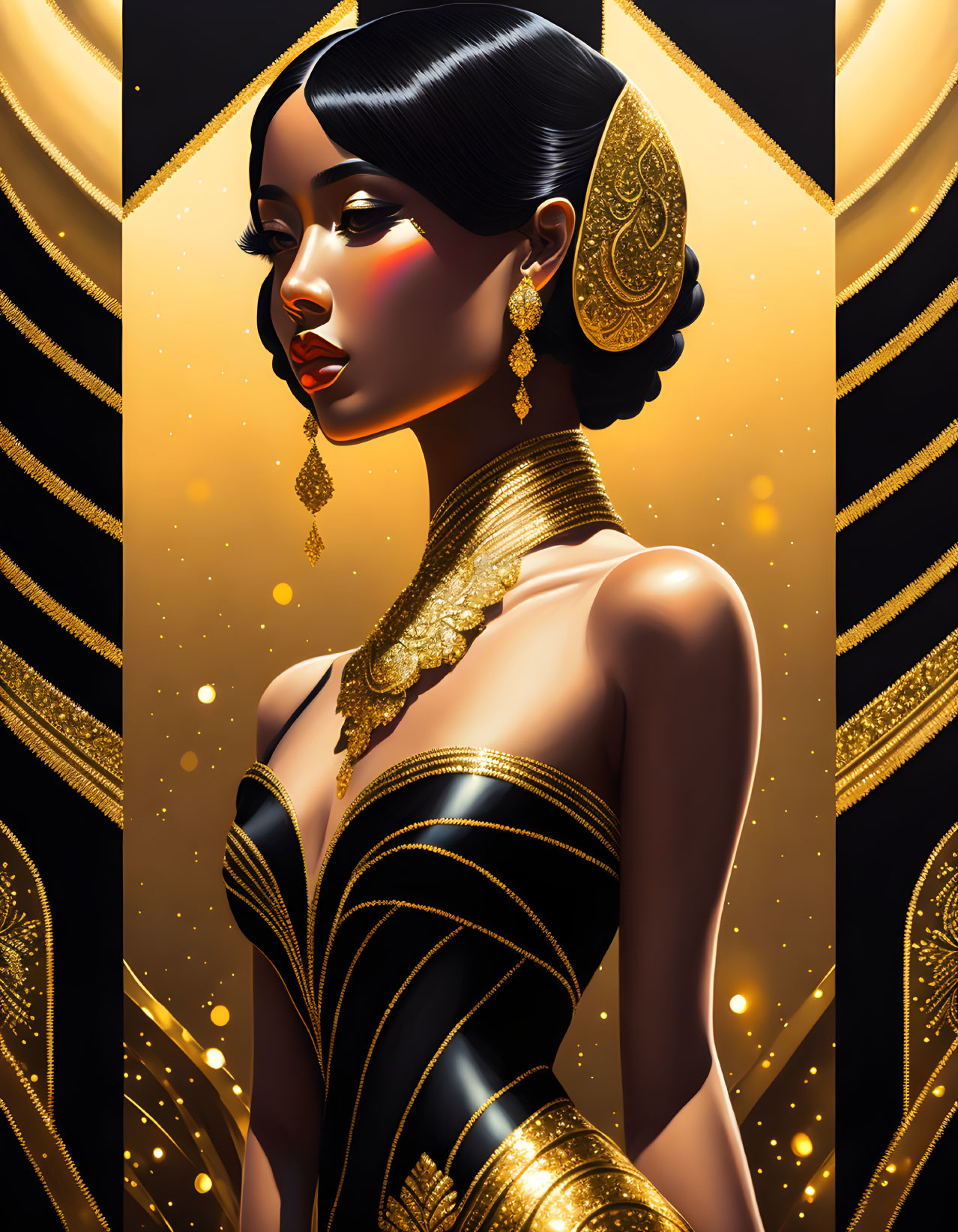 Stylized profile of a woman in gold jewelry on golden background