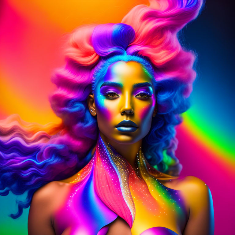 Colorful portrait of woman with multicolored hair and makeup on rainbow backdrop