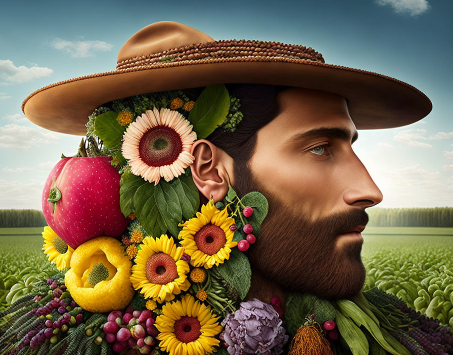 Person with Beard and Hat Surrounded by Fruits, Vegetables, and Sunflowers