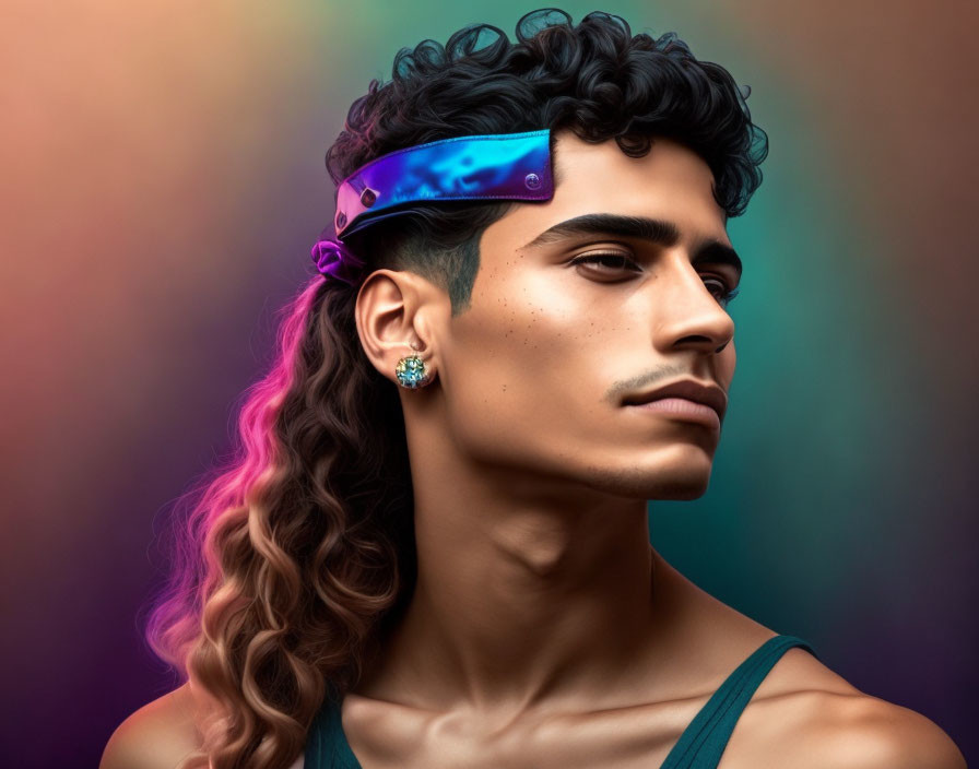 Stylized portrait of person with curly hair and blue headband