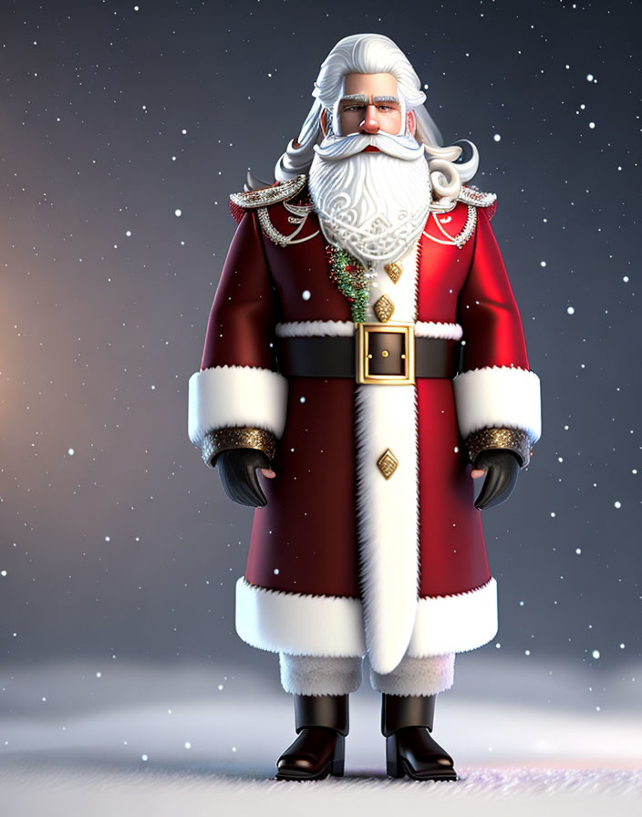 Stern Santa Claus in Red Suit on Snowy Background