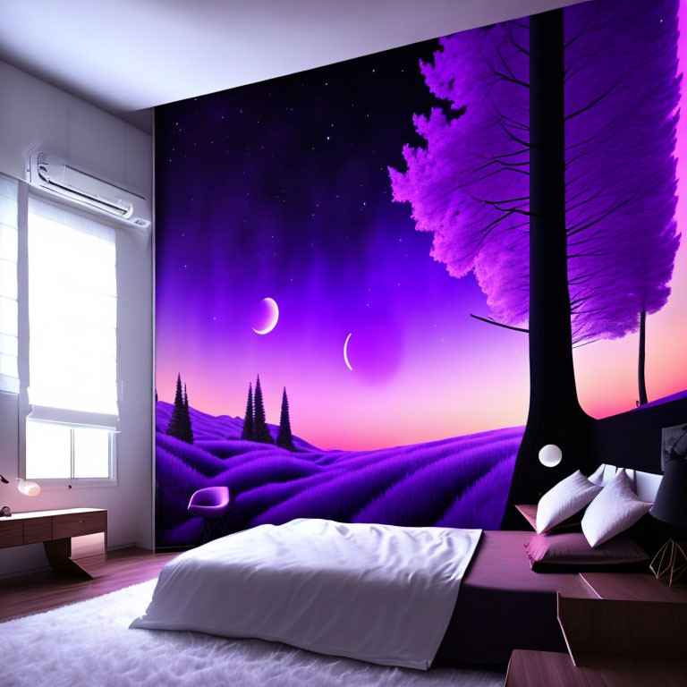 Bedroom with large purple starry sky wall mural and modern bed.