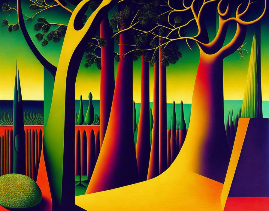 Colorful surreal landscape with elongated trees and geometric shapes