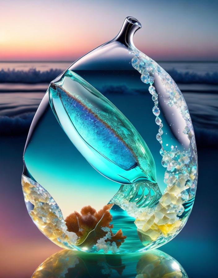 Transparent Fish-Shaped Sculpture with Marine Ecosystem and Sunset Background