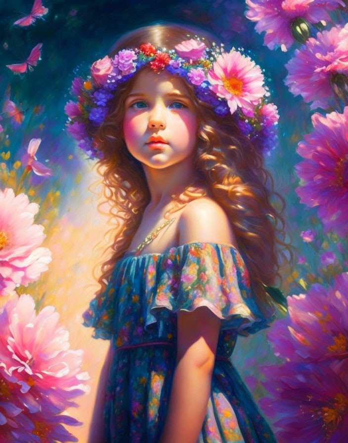 Young girl with curly hair in floral dress and flower crown among colorful blooms in dreamy setting.