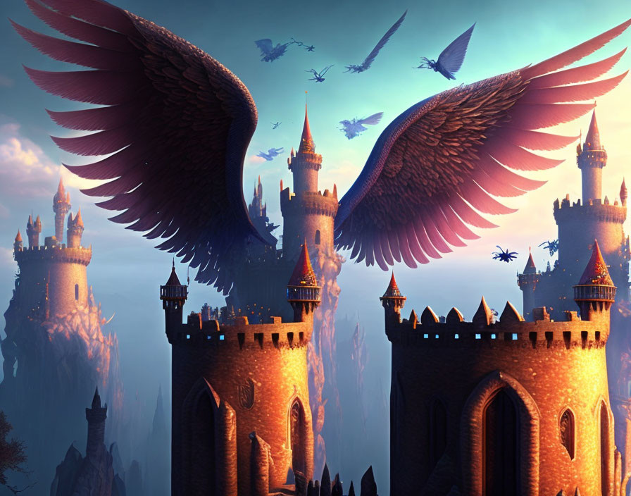 Winged creature soaring over illuminated castles on craggy cliffs