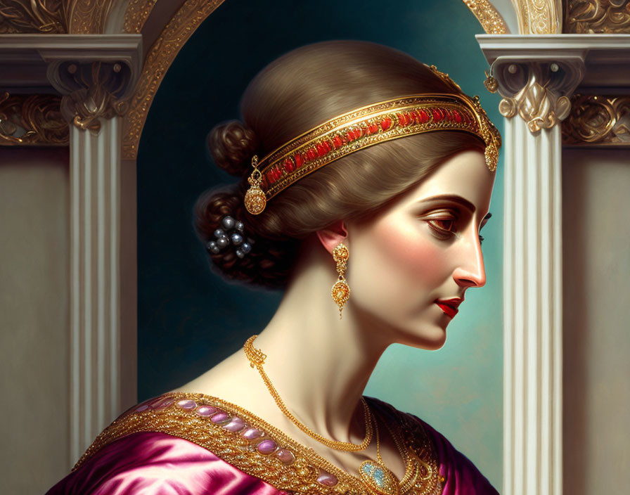 Woman with elegant updo and gold headpiece in oil painting style