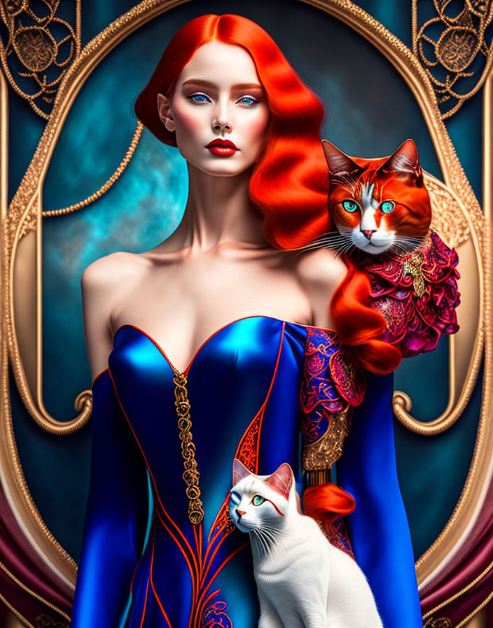 Stylized portrait of woman with red hair holding cats in decorative frame