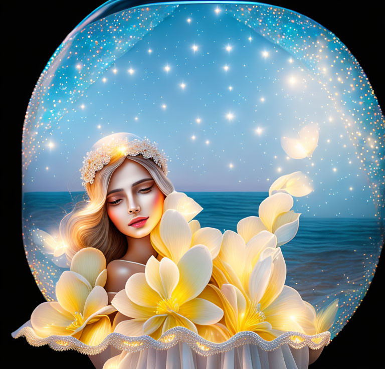 Illustration of woman with floral adornments in circular frame amid yellow flowers on starry night.