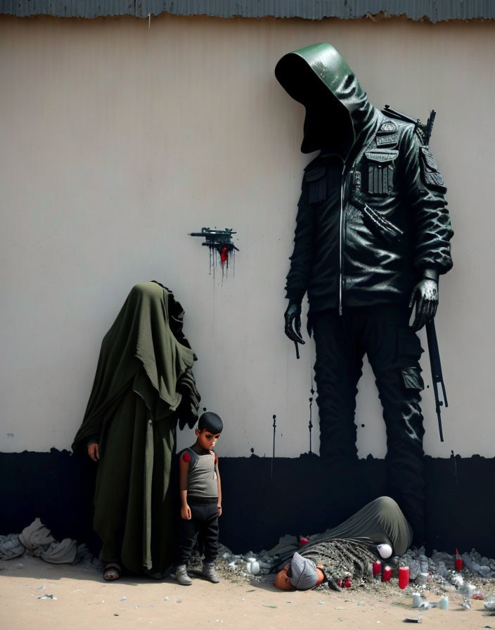 Mural featuring hooded figure, individuals in cloth, child, drone, and candles