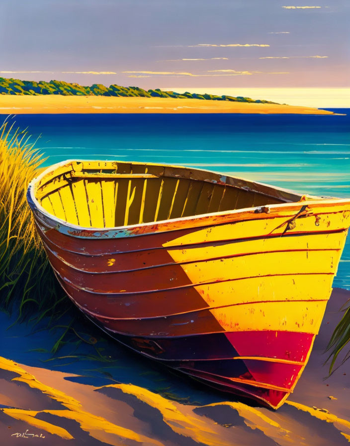 Colorful Boat Painting on Sandy Shore with Greenery and Vivid Sky