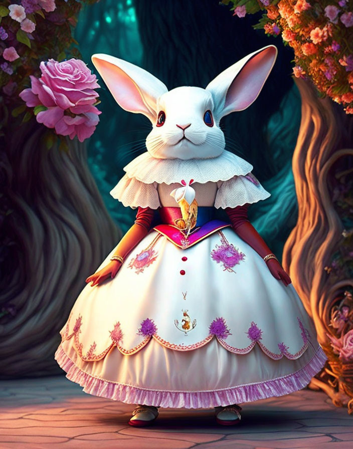 White Rabbit in Clock Dress in Whimsical Forest