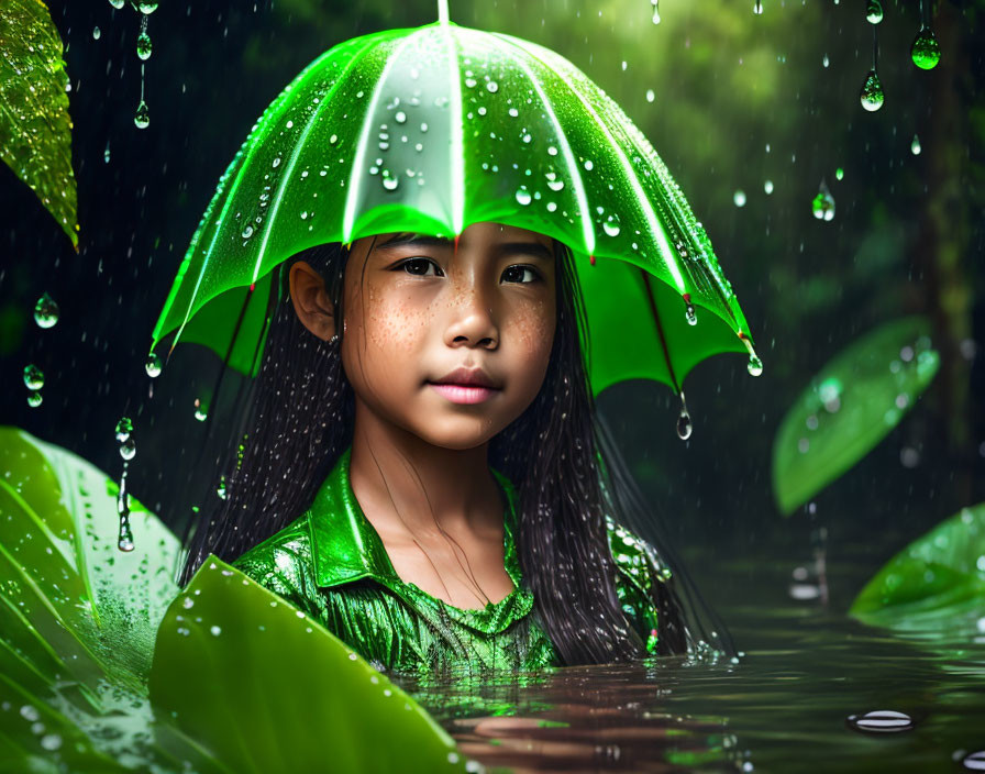 Young girl with green umbrella in lush greenery and raindrops depicts serene natural beauty