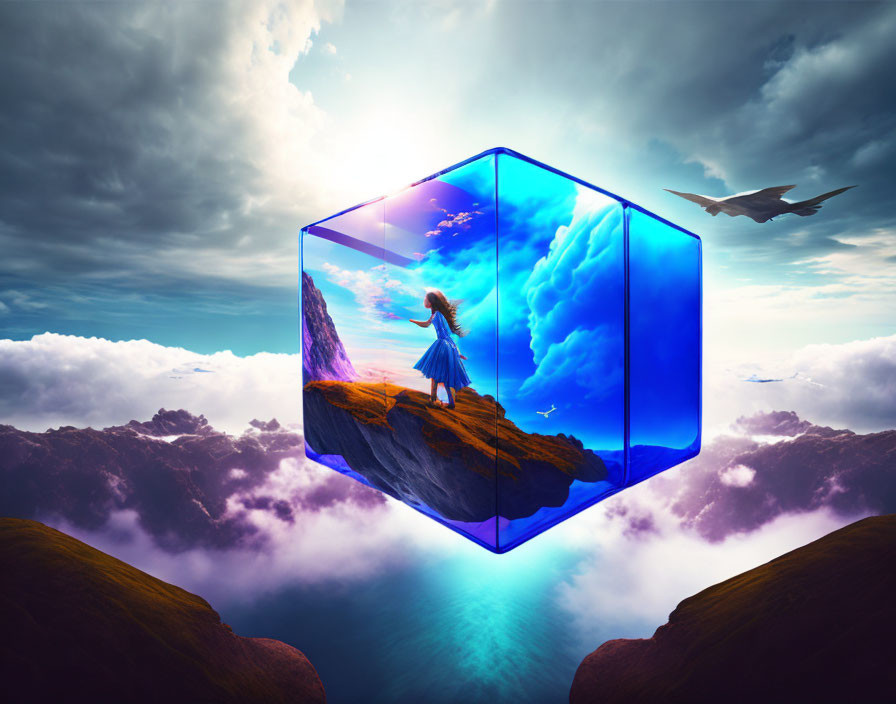 Girl in floating cube between cliffs under dramatic sky with bird - Surreal Scene