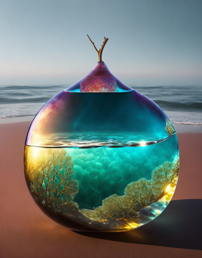 Glass terrarium with coral reef scene and fig on beach backdrop