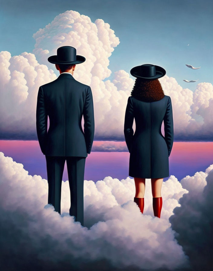 Two individuals in suits and hats on clouds under a bird-filled sky