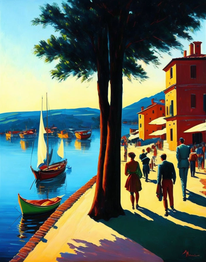 Vibrant coastal scene with people, boats, and colorful houses under clear sky