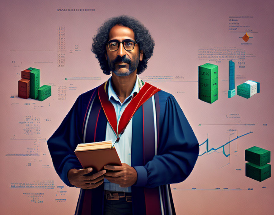 Scholarly person in academic robes with book and glasses in front of financial charts