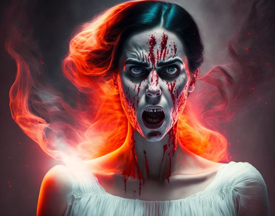 Horror makeup woman with skull features and fiery red hair.