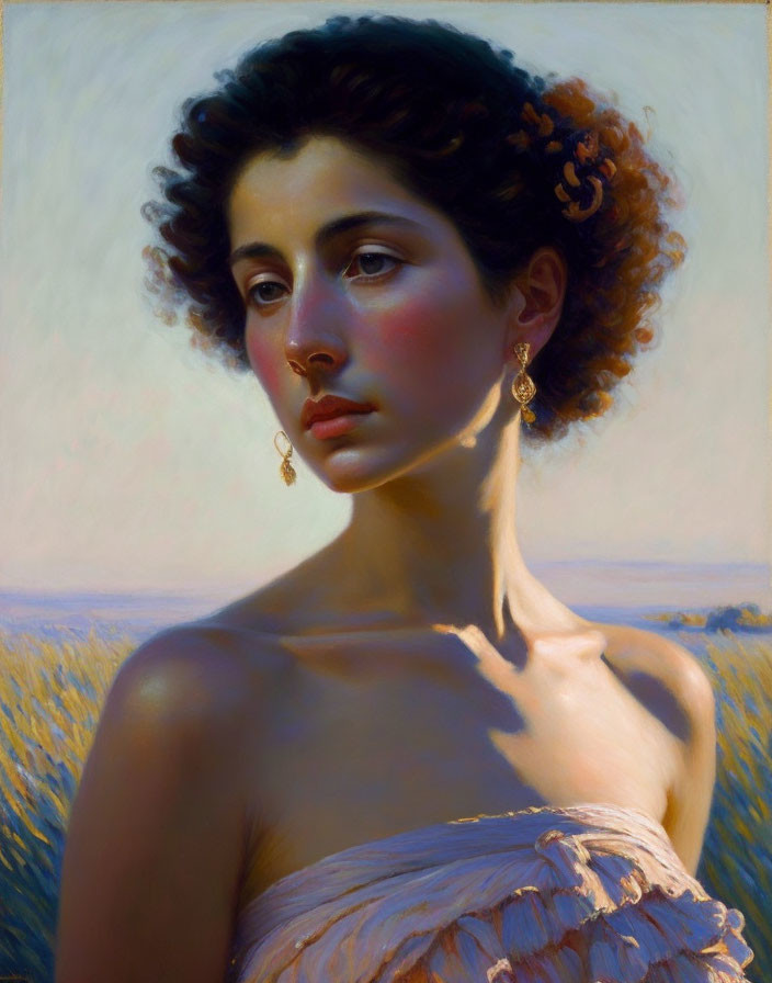 Portrait of woman with curly hair and golden earrings in classic style