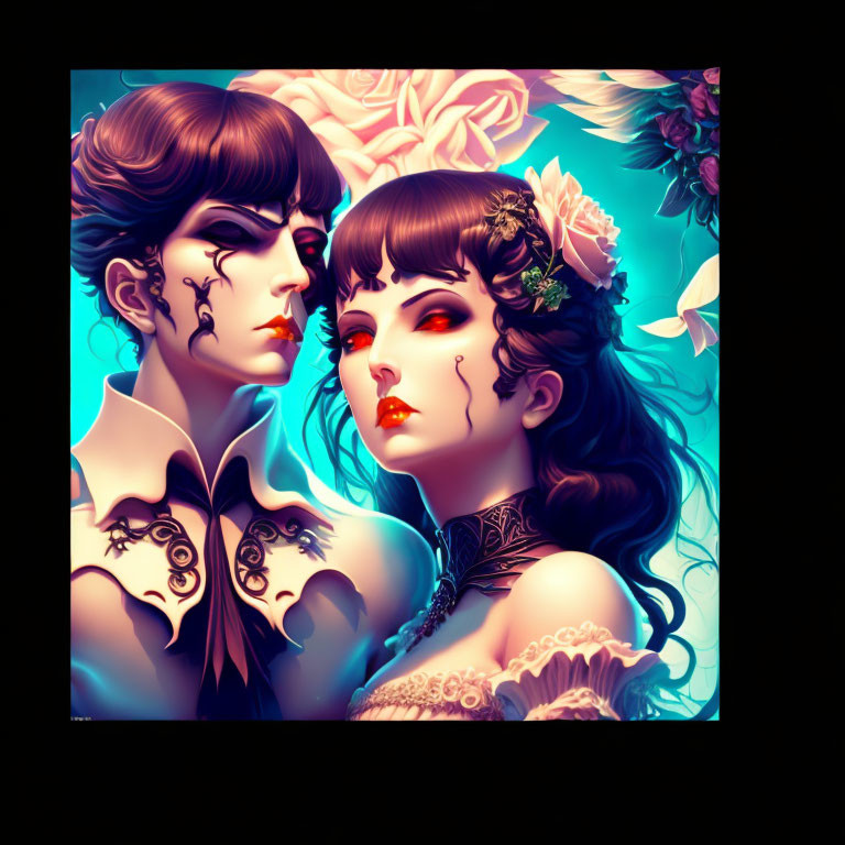 Vibrant stylized characters in dramatic makeup and ornate attire with oversized floral elements