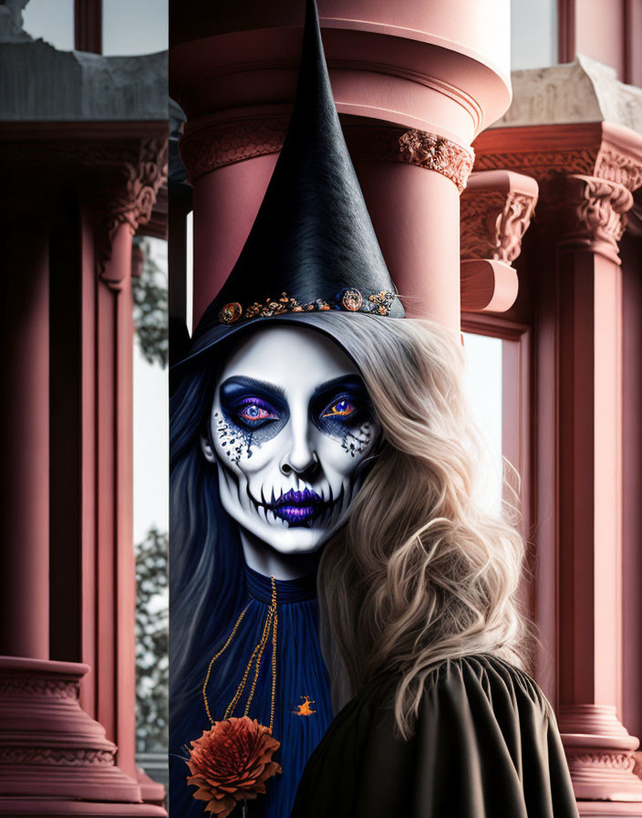 Skull makeup person in witch hat with blond hair, blue garment, and orange flower in front of