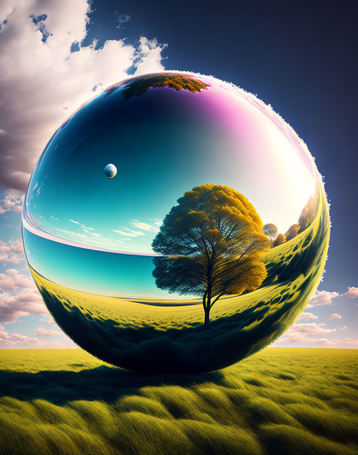 Spherical landscape with tree, grassy field, and sky in surreal bubble form