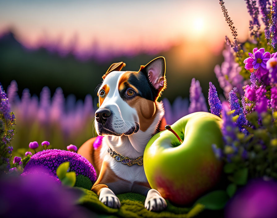 Tricolor dog with chain collar among purple flowers, green foliage, and green apple under warm sunset