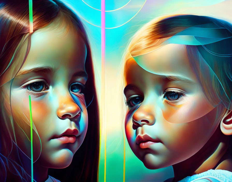 Vibrant Digital Art: Two Children in Hyper-Realistic Style