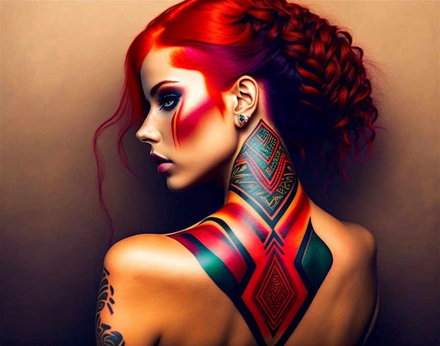 Profile view of woman with vibrant red hair and geometric tattoos on arm and neck