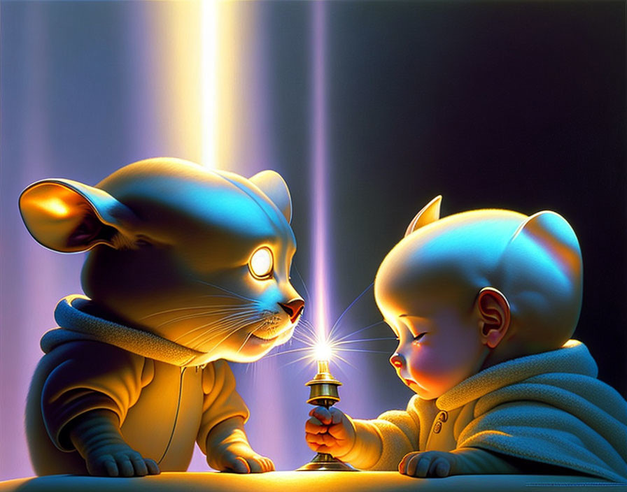 Cat and baby stylized illustration with large heads and glowing lamp in warm colors