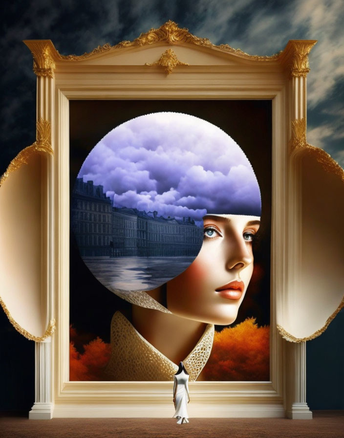 Surreal artwork: Woman's face with circular window and cityscape in golden frame