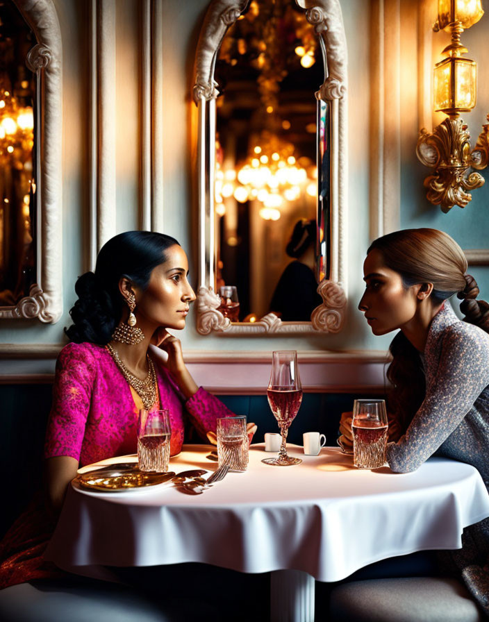 Luxuriously dressed women in serious conversation at dimly lit room table