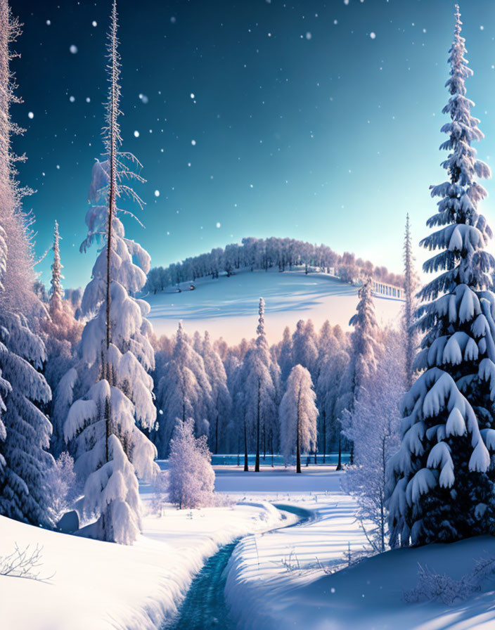 Snow-covered trees, meandering stream, starry sky in warm light