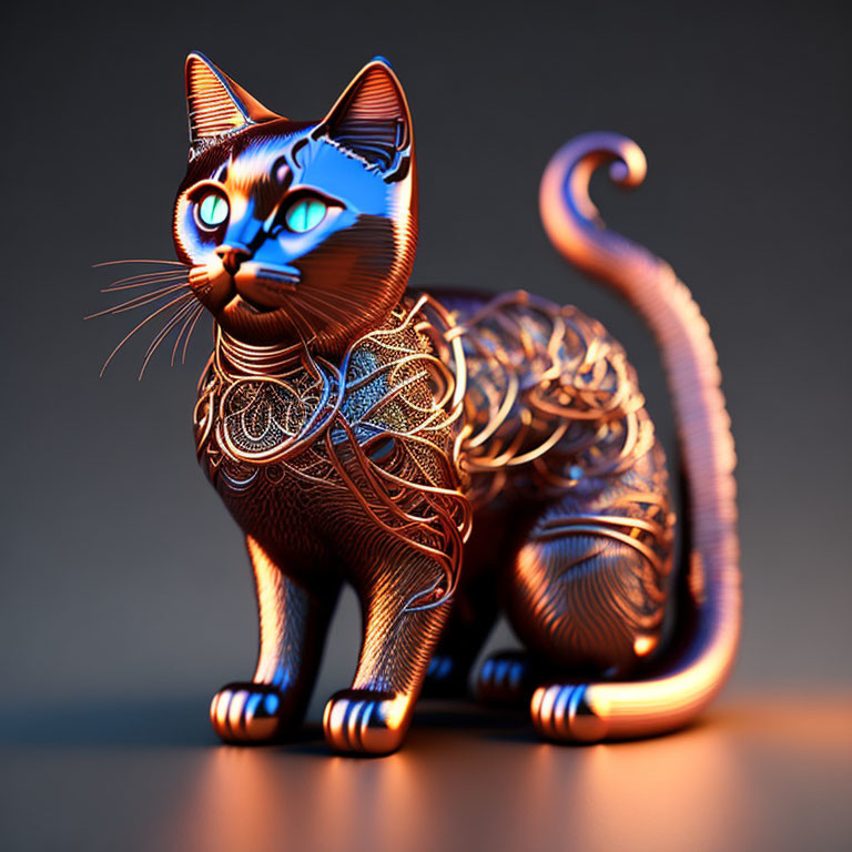 Intricate metallic cat illustration with glowing blue eyes