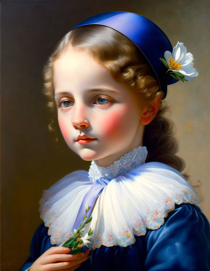 Young girl portrait with curly hair in blue dress and headband, holding flower