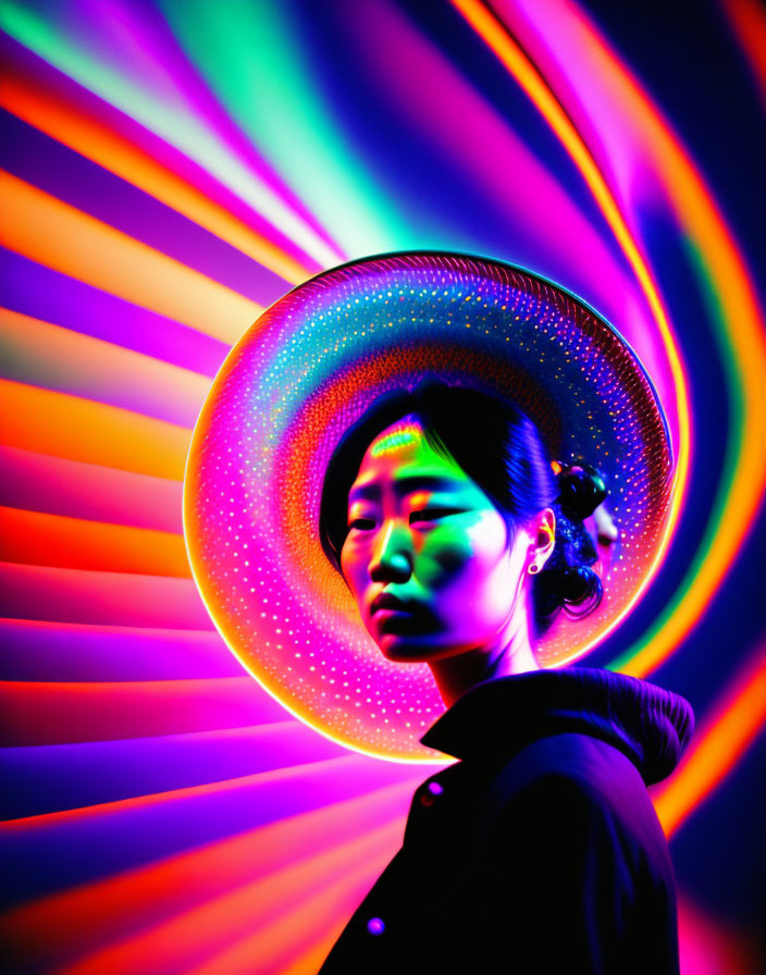 Vibrant neon light vortex reflects on person's face and hat