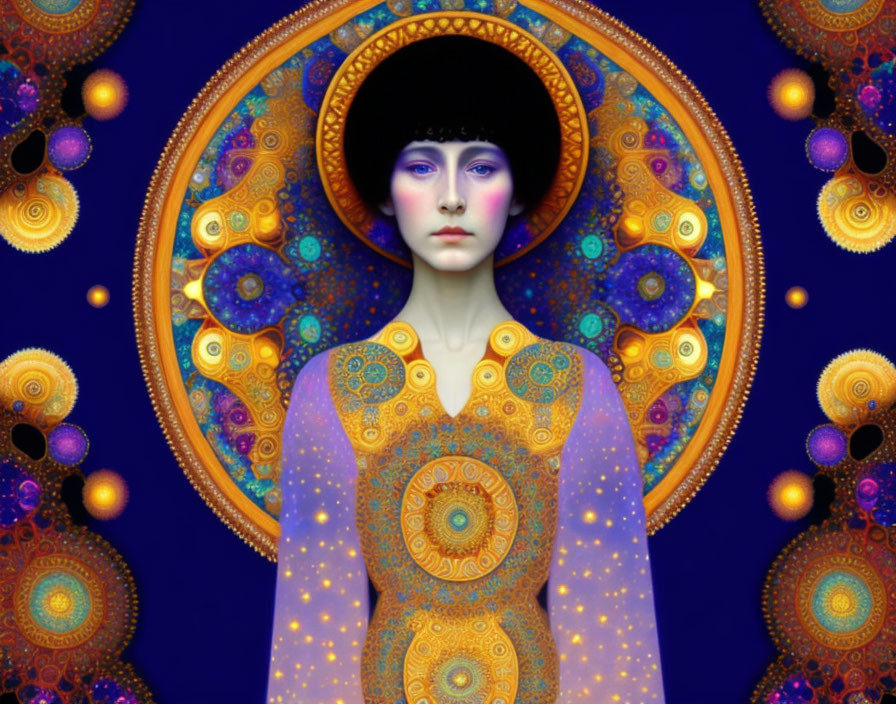 Surreal portrait of a person with mandala patterns on blue background