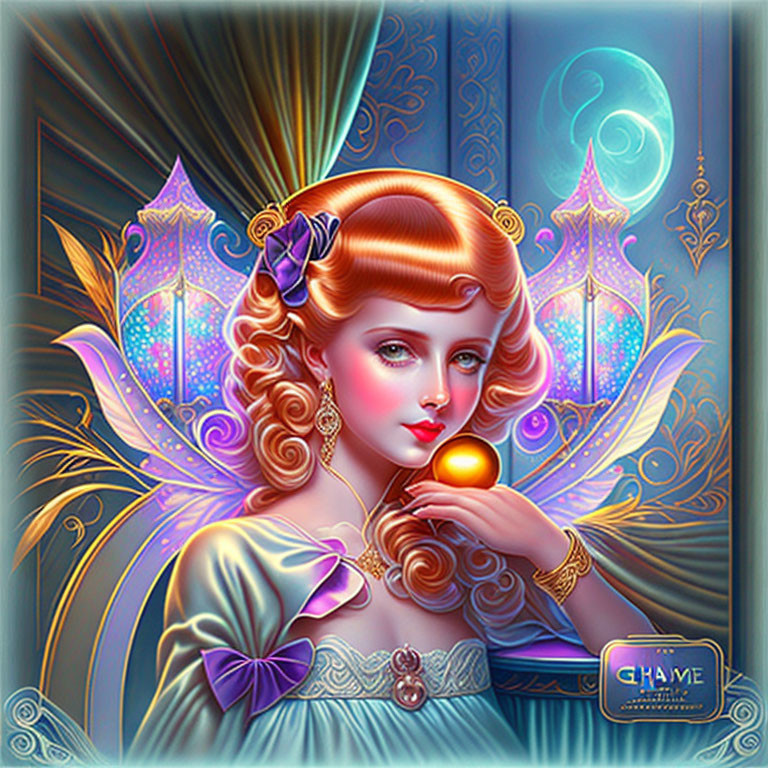 Stylized woman with fairy wings holding golden orb, crescent moon in background