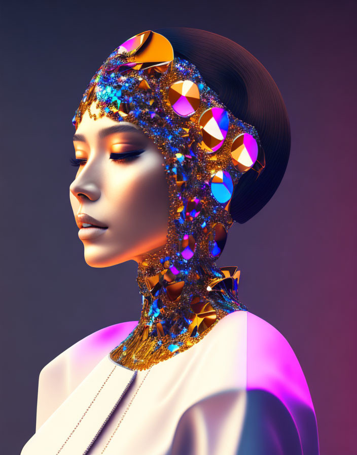 Female Figure Wearing Futuristic Golden Headgear on Gradient Background