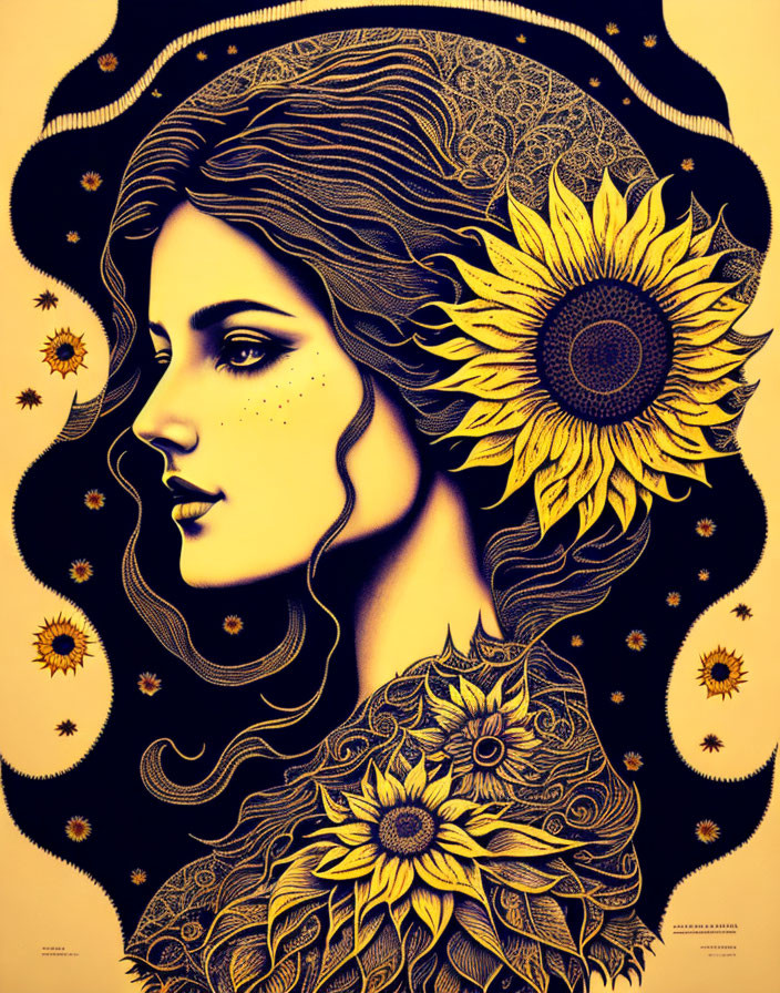 Stylized portrait of woman with sunflowers and celestial motifs in gold and navy blue