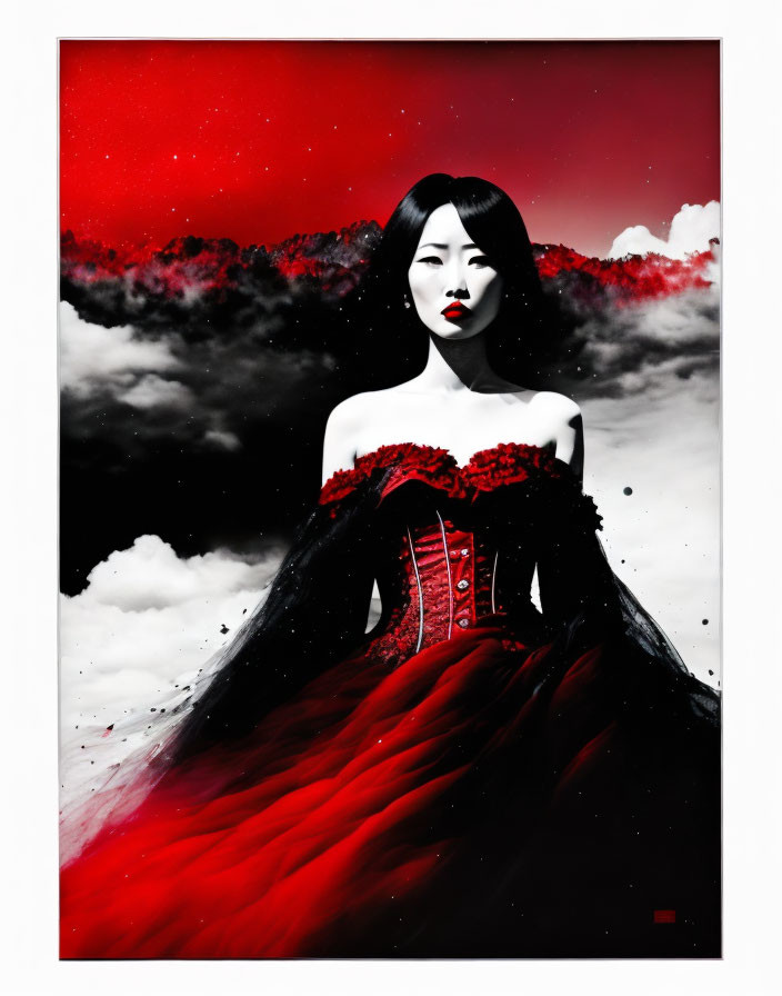 Stylized portrait of pale woman in red and black dress against dramatic sky