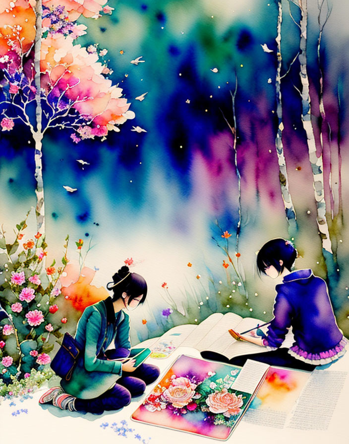 Colorful animated characters reading books in magical forest