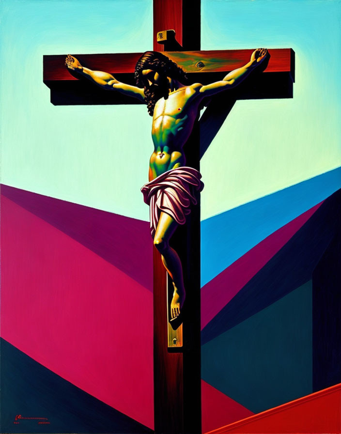 Abstract painting of Jesus on cross with colorful geometric shapes